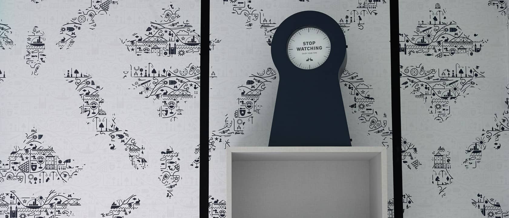 Designer blue wall clock on square white shelf | Kaboom Hotel